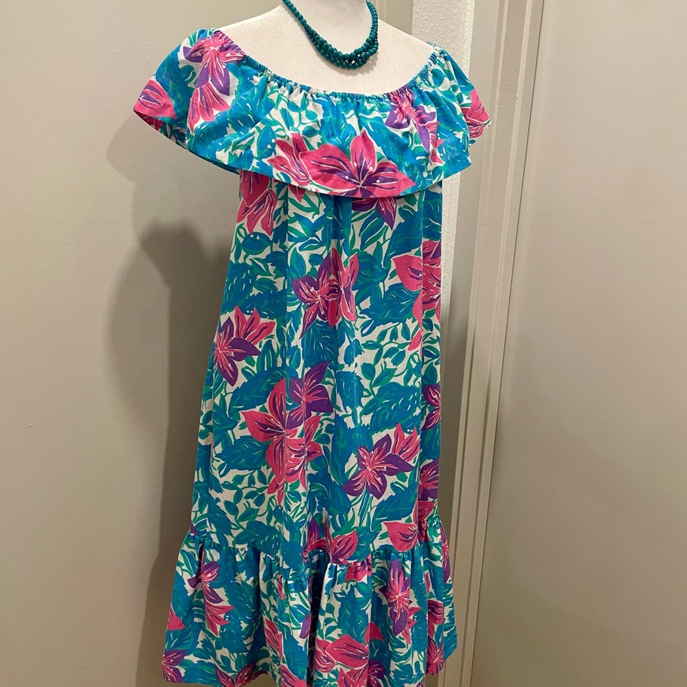 VTG 90s 80s Ashley Ames Multicolor Tropical Floral Off-the-Shoulder Maxi Dress M